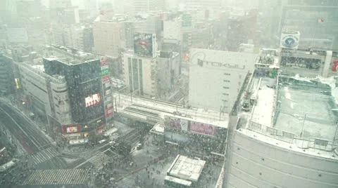 TOKYO - Snow Shibuya Crossing city view - Behind Window Stock Footage