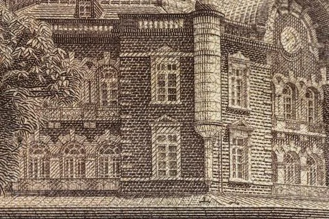 Tokyo Station architecture macro close up detail on Japanese 10000 yen bank.. Stock-Illustration