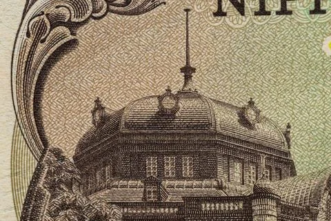 Tokyo Station architecture macro close up detail on Japanese 10000 yen bank.. Stock-Illustration