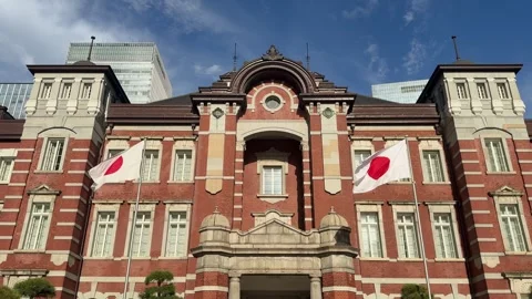 Tokyo Station with Japanese Flags   Stock Footage 336677331
