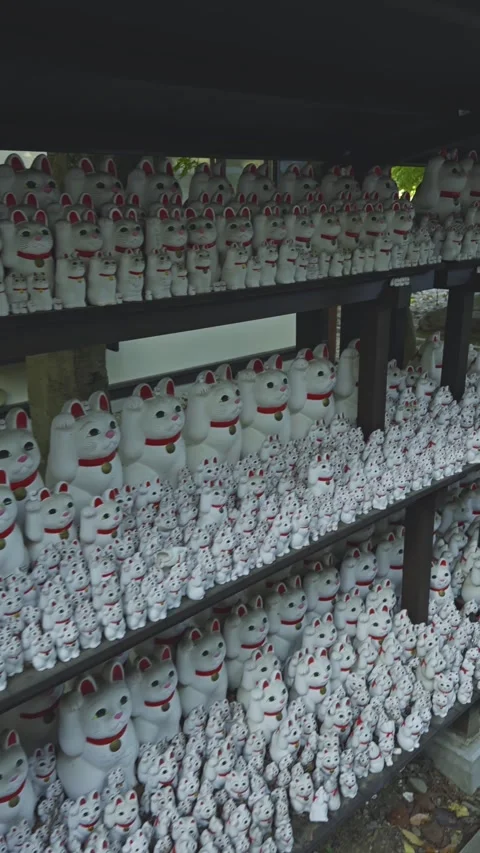 Tokyo temple adorned with maneki neko statues symbolizing fortune and cultural Stock Footage 298282979