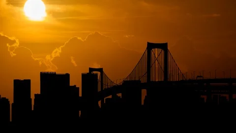 Tokyo: Time Lapse at Sunset with Red Sun, Fiery Clouds and Skyline of City Stock Footage 124646598
