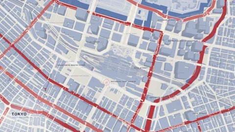 Tokyo top down street network map red blue seamless loop Stock Footage 344246772