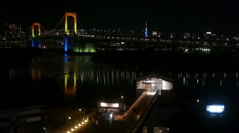 Tokyo Tower and Rainbow Bridge over Odaiba Pontoon - HD Stock Footage 16938847