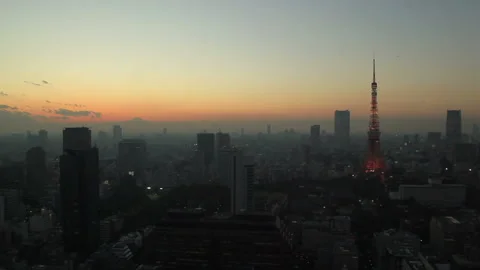 Tokyo Tower and the Sunset over Mount Fuji Stock Footage 324934933