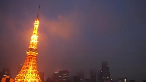 Tokyo Tower Floating in the Night Mist Stock Footage 294720387