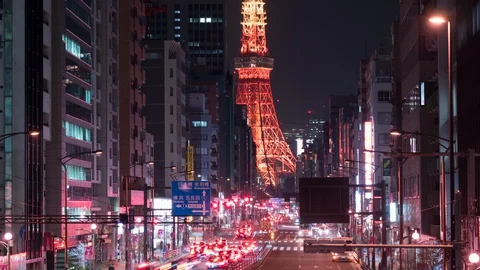 Tokyo Tower at night. 4K time-lapse Stock Footage 128128992