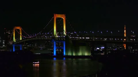 Tokyo Tower over Rainbow Bridge - with a Boat - HD Stock Footage 16938299
