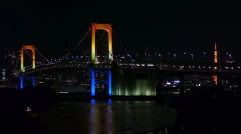 Tokyo Tower over Rainbow Bridge - Boat in Odaiba Bay - HD Stock Footage 16942361