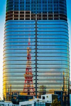 Tokyo Tower reflected in the glass Stock Photos