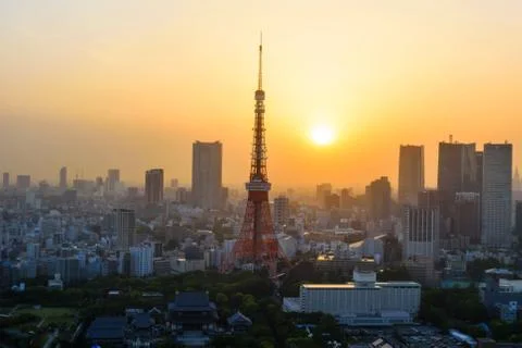 Tokyo tower at sunset Stock Photos