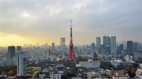 Tokyo Tower sunset time lapse on cloudy day Stock Footage 62415298