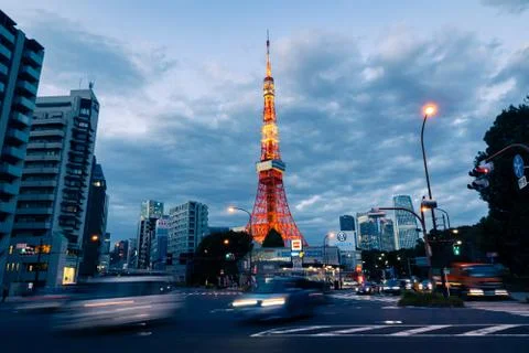 Tokyo Tower view during blue hour with light trails. Stock Photos