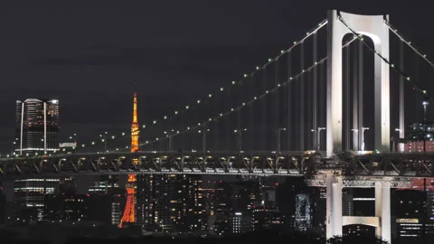 Tokyo traffic driving on rainbow bridge at night Stock Footage 311935614