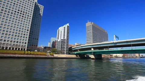 Tokyo Water Bus: Views of the Sumida River and Sumida River Bridge Stock Footage 330323022