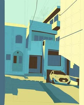 Tokyo yard, color vector illustration, car in old yard japan manga style Stock Illustration