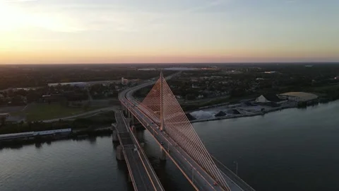 Toledo Skyway Bridge during sunset over the Maumee River Time-lapse Stock Footage