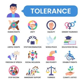 Tolerance concept illustration with icons representing human rights, unity,.. Stock Illustration