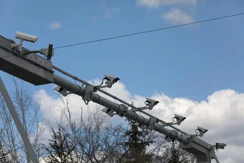 Toll camera on the highway. Camera system Microwave technology for monitoring Stock Photos