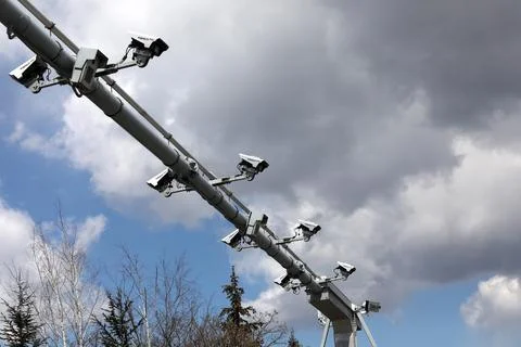 Toll camera on the highway. Camera system Microwave technology for monitoring Stock Photos