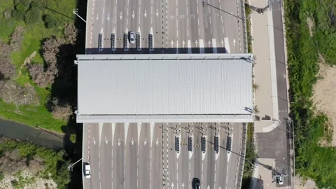 Toll road turnpike payment collection section, Aerial view. Stock Footage