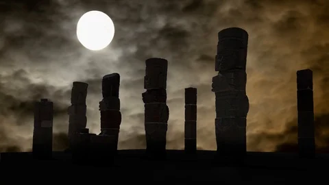 Toltec Warriors Sculptures or Atlantean Columns: Time Lapse by Night, Mexico Stock Footage 113680007