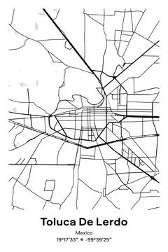 Toluca De Lerdo, Mexico - vector map of city in Black, white, gray, BW colors Stock Illustration