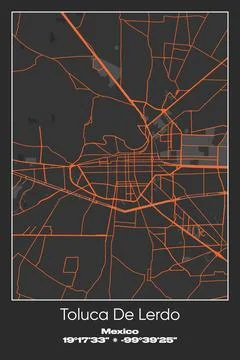 Toluca De Lerdo, Mexico - vector map of city in Gray, Black, Orange colors Stock Illustration