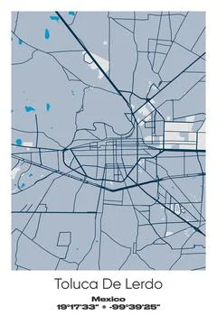 Toluca De Lerdo, Mexico - vector map of city in Blue, Gray, Yellow, Olive colors Stock Illustration