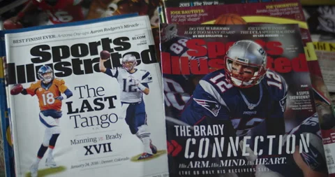 Tom Brady and Peyton Manning meet for the last time, cover of Sports Illustrated Stock Footage 146352222