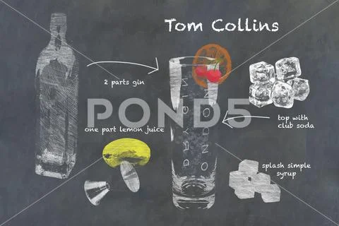 Tom Collins cocktail illustrated in chalk on blackboard with recipe. Stock Photos