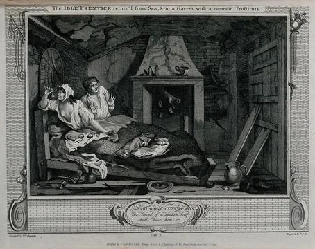 Tom Idle and a prostitute sit on a broken bed in a garret. Idle is startled.. Stock Illustration