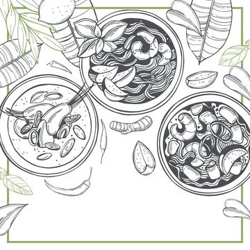 Tom yam soup. Vector background. Illustrazione stock