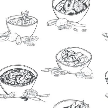 Tom yam soup. Vector  pattern. Stock Illustration
