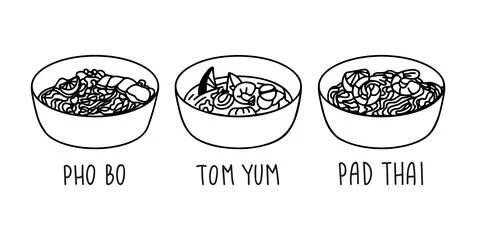 Tom yum, Pho Bo soup bowl, Pad thai in hand drawn doodle style. Asian food .. Stock Illustration