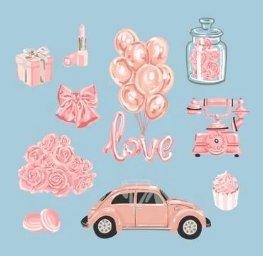 Tomantic set of female objects. Good for wrapping, card or poster. Rose gold set Illustrazione stock