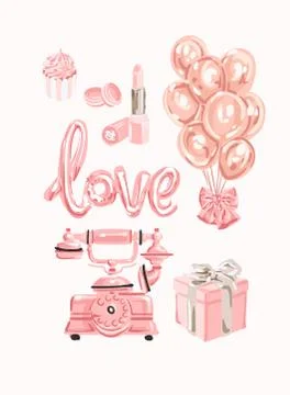 Tomantic set of female objects. Good for wrapping, card or poster. Rose gold set Illustrazione stock