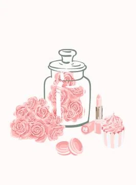 Tomantic set of female objects. Good for wrapping, card or poster. Rose gold set Illustrazione stock