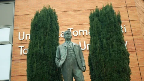 Tomas Bata sculpture statue bronze Zlin figure, footwear industry, shoe Stock Footage 125058667