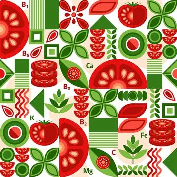 Tomato background with design elements in simple geometric style. Illustrazione stock