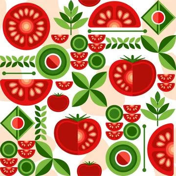 Tomato background with design elements in simple geometric style. イラスト素材