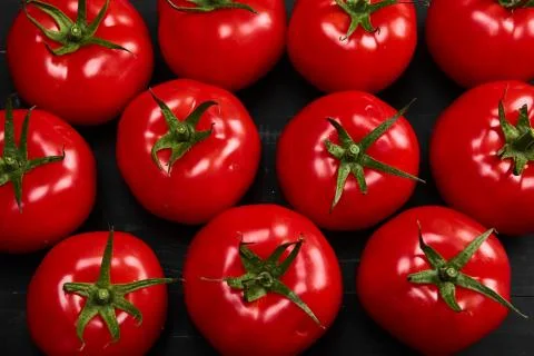 Tomato on a black background with realistic reflection and water drops. Fresh Stock Photos