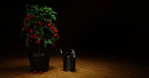 Tomato bush in a bucket with watering can Stock Photos