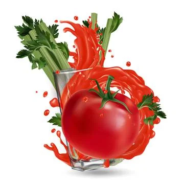 Tomato, celery and a glass with a splash of vegetable juice. Stock Illustration