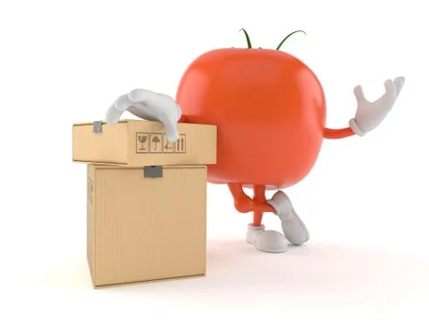 Tomato character with stack of boxes 스톡 일러스트