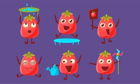 Tomato Characters with Funny Faces Set, Cute Vegetable in Different Poses and Stock Illustration