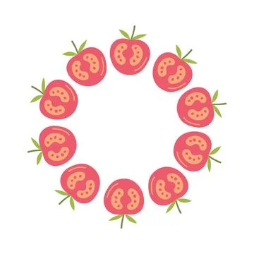 Tomato circle frame with cute hand drawn vegetable halves on white background Stock Illustration