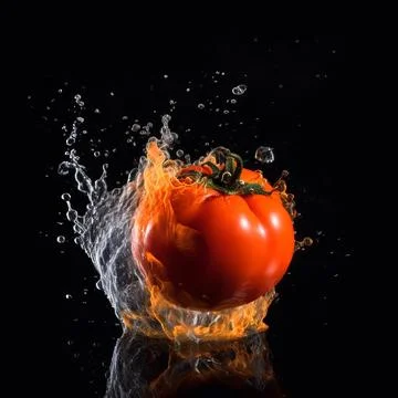 Tomato in the clash of water and fire on black background. Stock Illustration