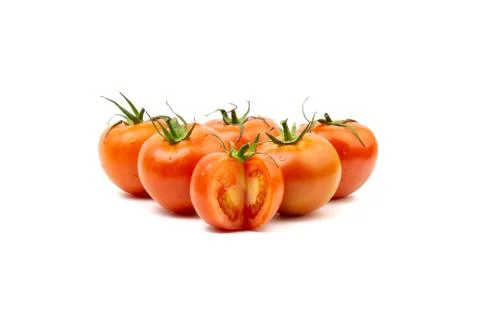 Tomato closeup on white background. Selective focus 스톡 사진