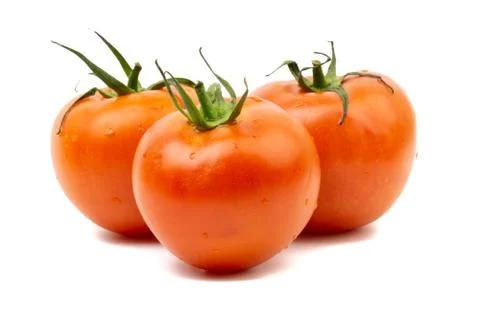 Tomato closeup on white background. Selective focus Stock Photos